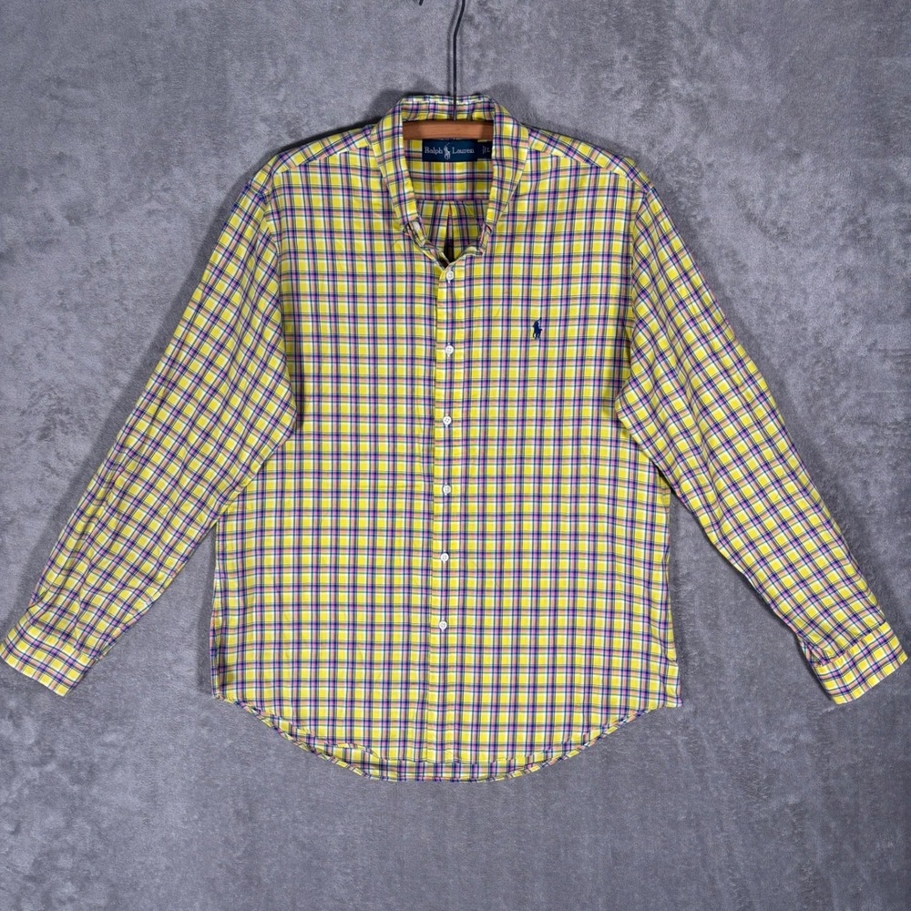 Ralph Lauren Madras Plaid Button Down Shirt Men's Size L Yellow Long Sleeve Pony